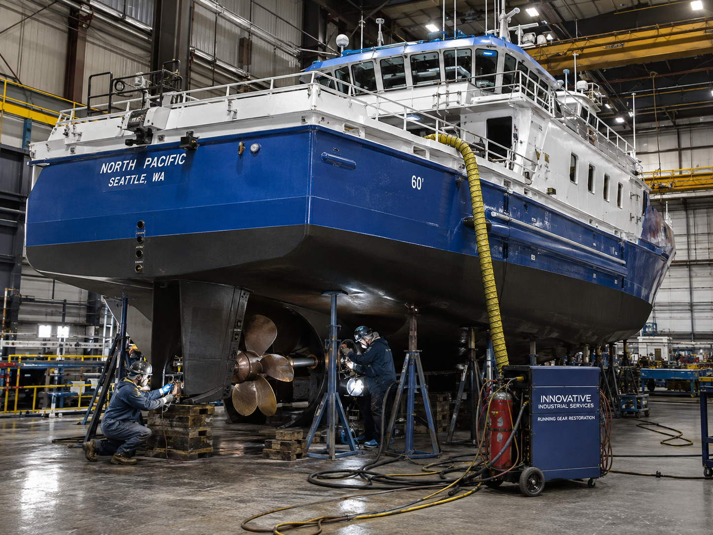 60-foot vessel in dry dock with running gear restoration in progress